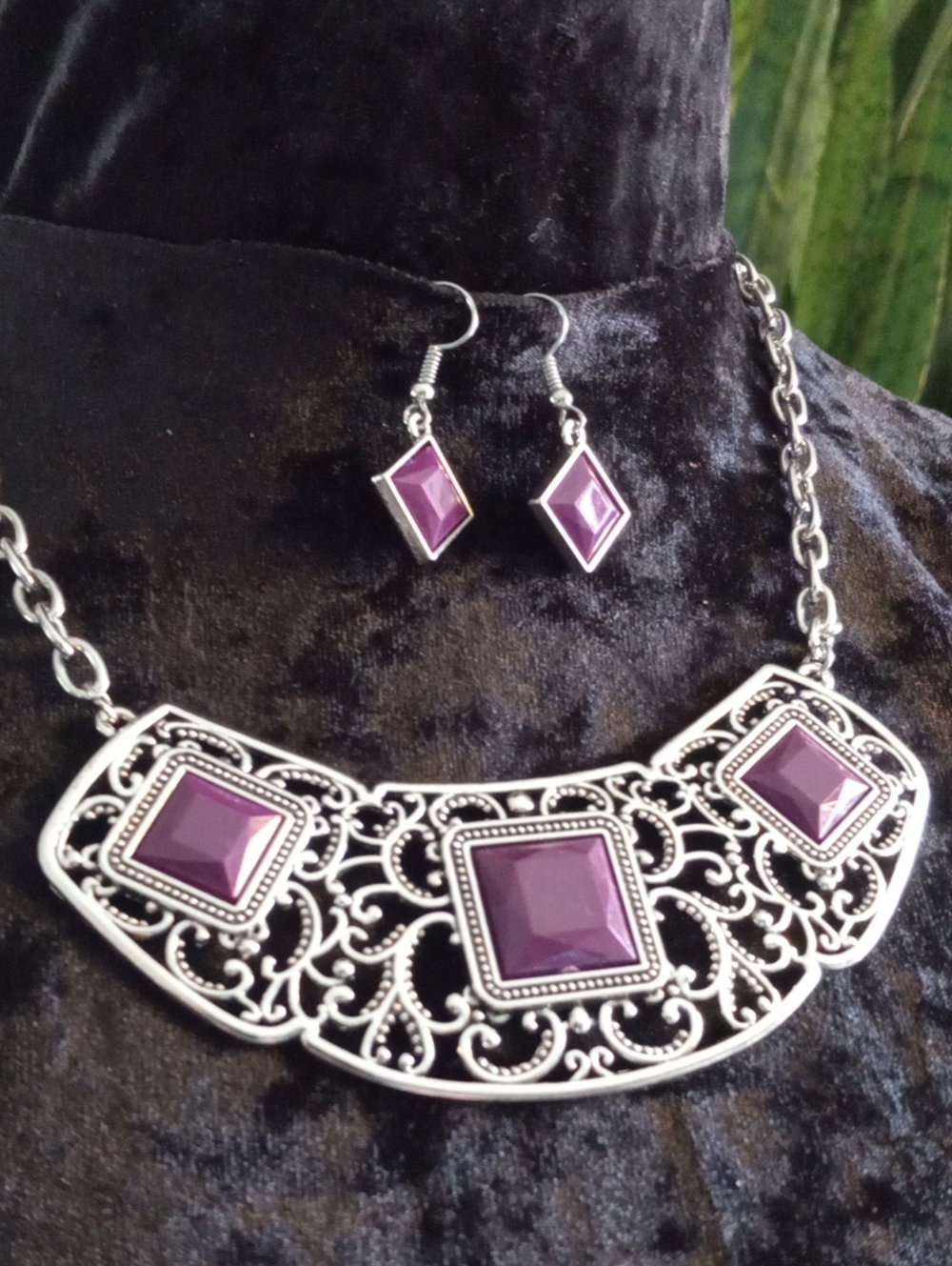 Silver Filigree Necklace and Earrings Set with Purple Stones 20 In Long